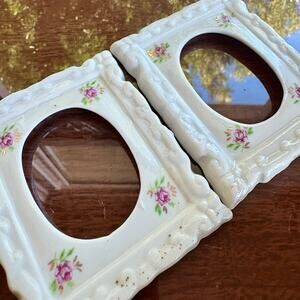 Vintage Porcelain Mini Picture Frames Pair, Floral Roses, Dollhouse Display